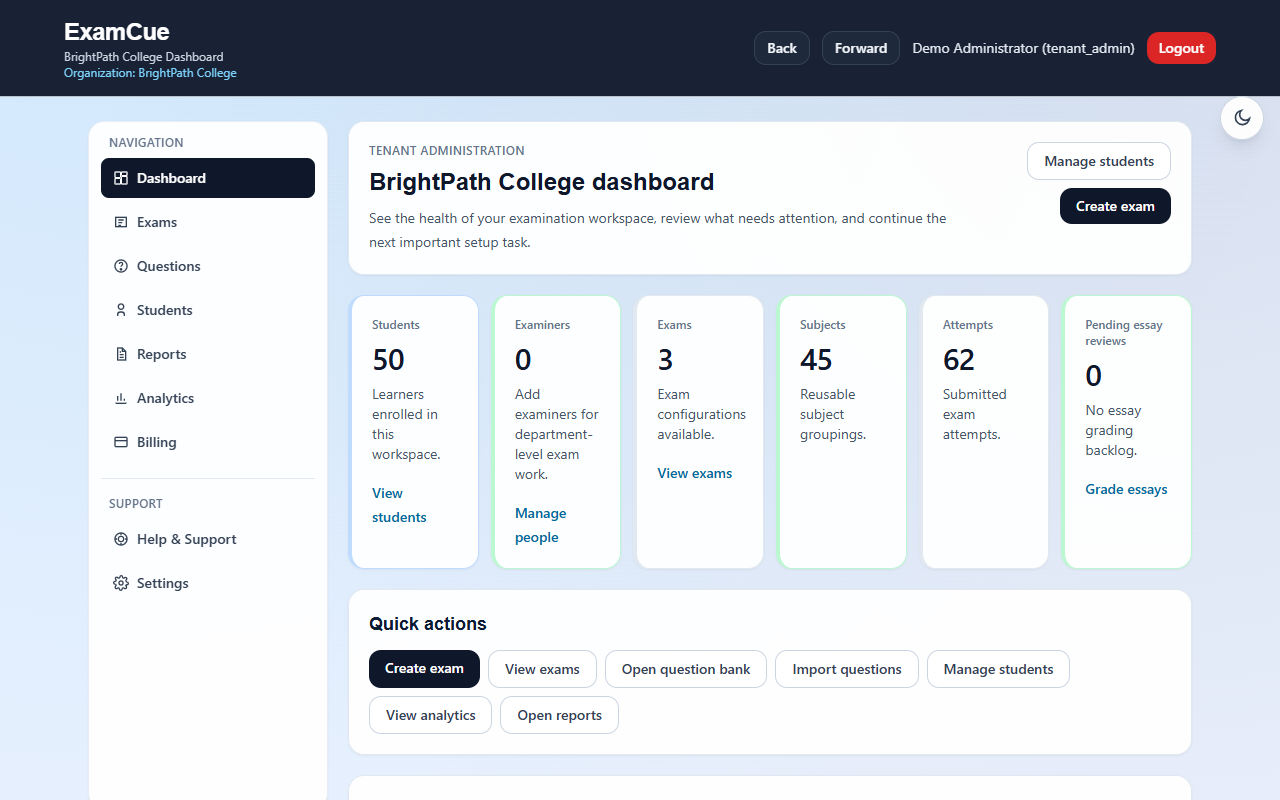 ExamCue administrator dashboard showing exams, students, question subjects and quick actions in the fictional BrightPath College workspace.